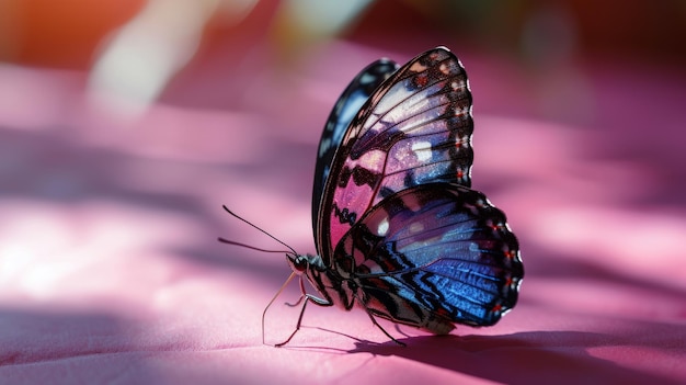 Foto mariposa sobre un fondo de color rosa claro