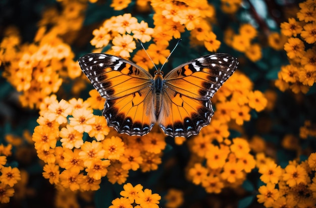 Mariposa sobre fondo de flores de naranja