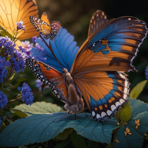 Una mariposa se para sobre una hoja con las alas extendidas Generado por IA