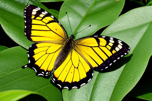Mariposa sobre hoja verde con espacio de copia utilizando como fondo o papel tapiz concepto de naturaleza
