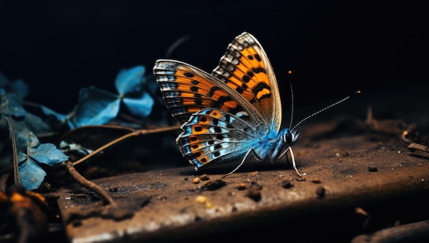 Foto la mariposa está en el suelo en una oscuridad.