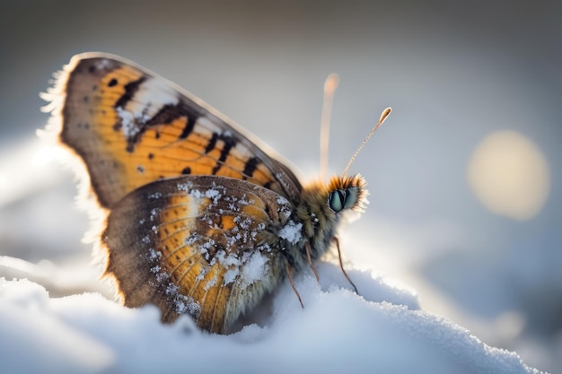 Mariposa temblando de frío rodeada de nieve