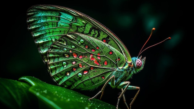 Una mariposa verde con puntos rojos se sienta en una hoja.
