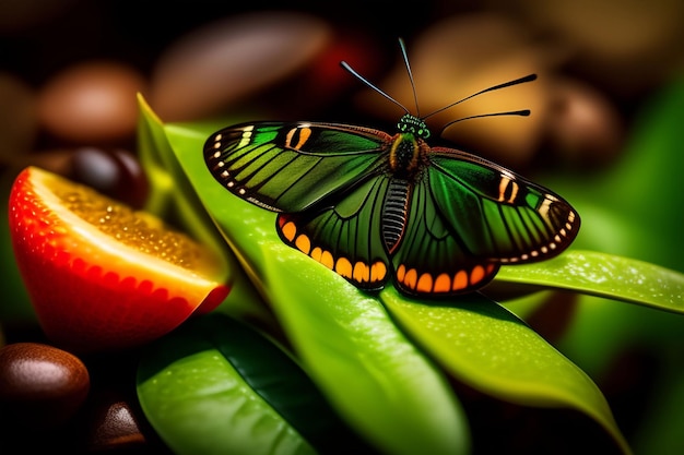 Una mariposa verde se sienta en una hoja con una fresa.