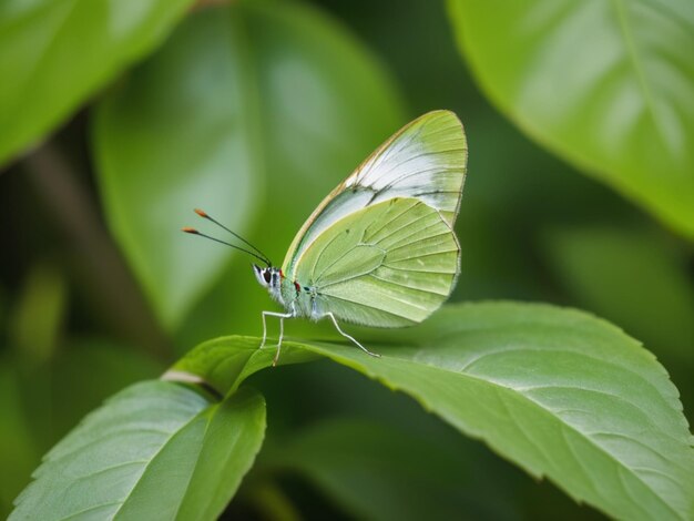 Foto una mariposa verde solitaria posada en una hoja verde vibrante