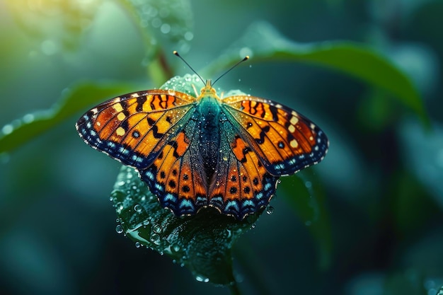 La mariposa vibrante se alza en la hoja de rocío