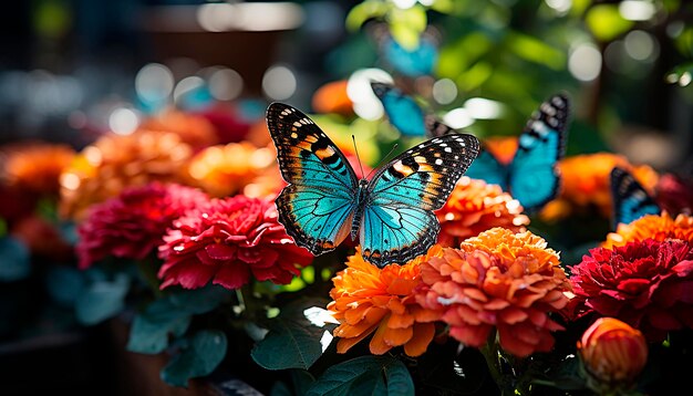 Foto una mariposa vibrante baila en una flor multicolor en la naturaleza generada por la ia