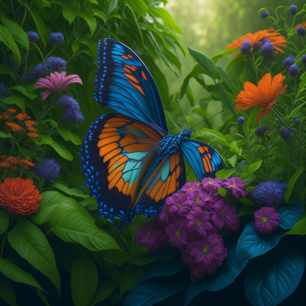 Una mariposa vibrante revoloteando con gracia a través de un exuberante jardín de flores vibrantes y vegetación exuberante