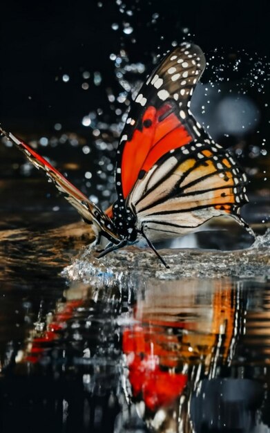 Foto una mariposa volando con agua y fondo negro