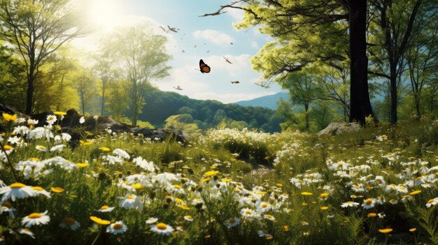 Mariposa volando sobre un campo de flores silvestres