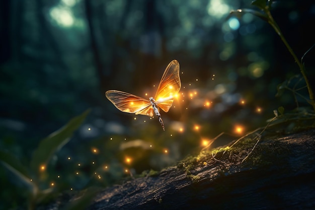 una mariposa volando sobre una rama de un árbol en el bosque