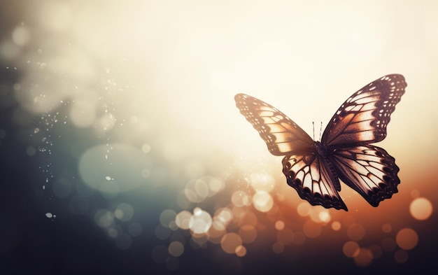 Una mariposa vuela frente a un fondo borroso.