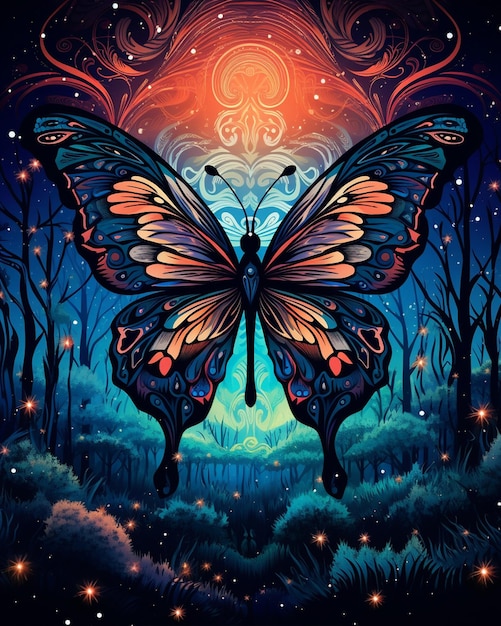 La mariposa vuela sobre el bosque del crepúsculo