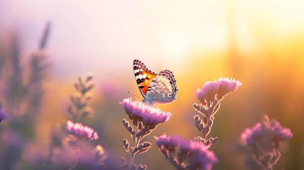 Una mariposa vuela sobre una flor morada con la puesta de sol detrás de ella.