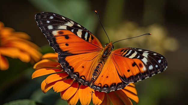 Una mariposa vuela sobre una flor.