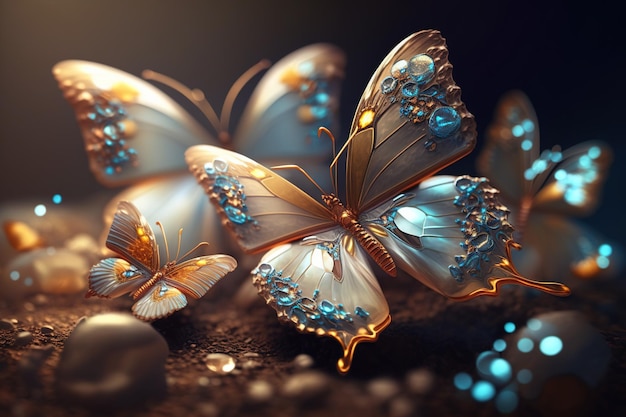 mariposas 3d creativas con piedras preciosas y artículos de lujo. concepto creativo de joyería