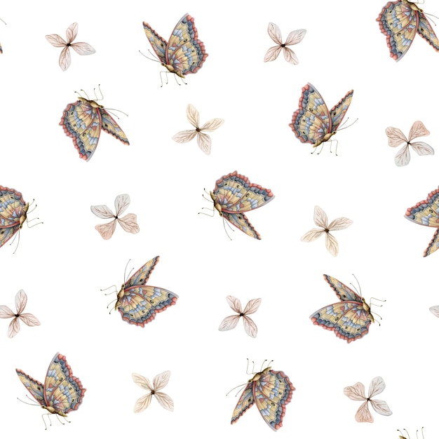Mariposas acuarelas y diminutas flores beige patrón sin costuras en blanco para diseños de verano y otoño