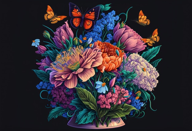 Foto mariposas alrededor de un ramo de flores silvestres y decorativas diseño ilustrativo realista