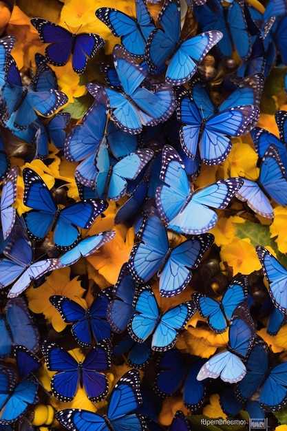 Mariposas azules en un montón