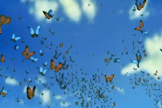 Foto mariposas azules volando en el cielo con nubes en el fondo