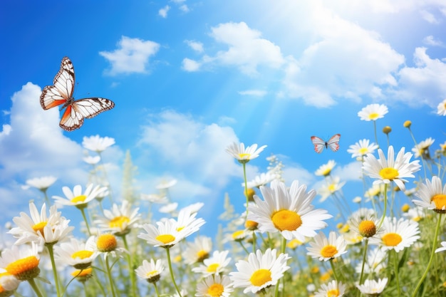 mariposas en un campo de margaritas y una mariposa