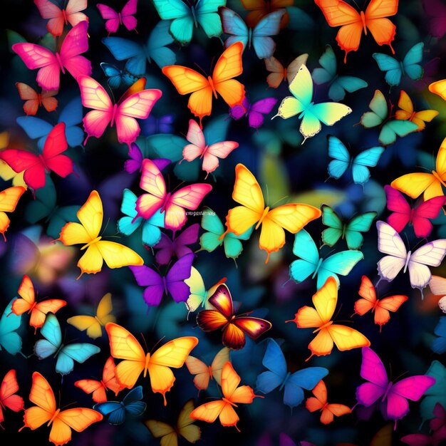 mariposas de colores brillantes vuelan en una habitación oscura ai generativa