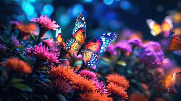 Foto mariposas coloridas sobre las flores por la noche ia generativa cinematográfica