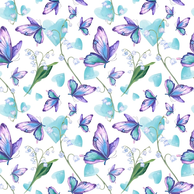 Las mariposas corazones y lirios del valle delicadamente azul collage de primavera patrón sin costuras una ilustración hecha a mano hecha en acuarela alas de mariposa morpho púrpura sobre un fondo blanco