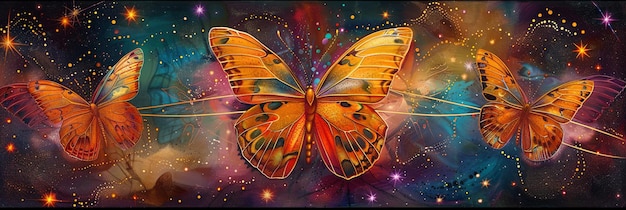 Las mariposas cósmicas de resonancia radiante en obras de arte vibrantes