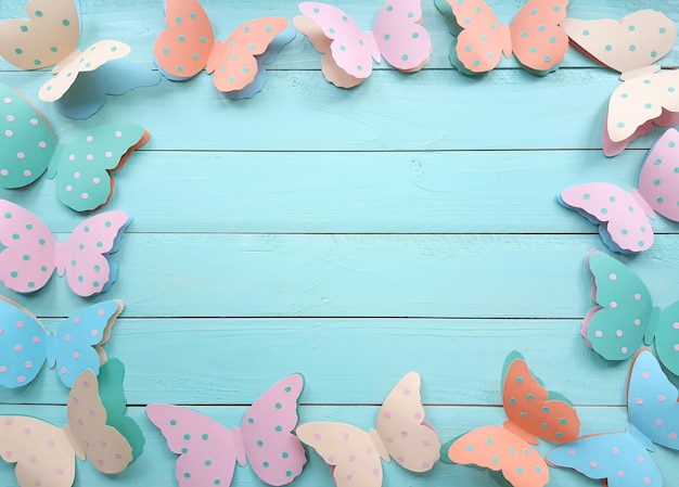 Mariposas decorativas de papel de colores. Vista superior, copie el espacio para su texto en una mesa de madera azul. Hermoso fondo para cumpleaños, 8 de marzo, día de San Valentín