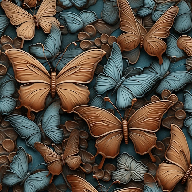 Las mariposas están pintadas en una variedad de colores en un fondo azul generativo ai