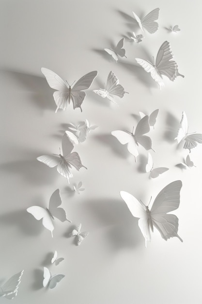Foto las mariposas están volando en el aire en una superficie blanca generativa ai
