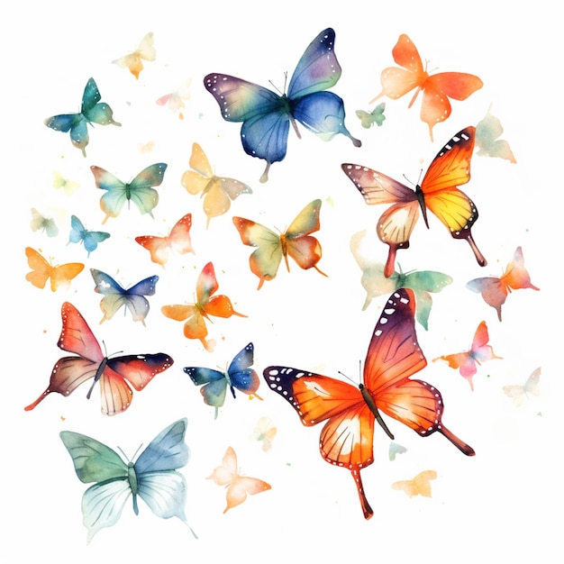 Las mariposas están volando alrededor de un círculo de mariposas naranjas y azules generativas ai