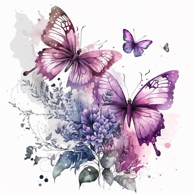 Mariposas y flores acuarela pintura generativa ai