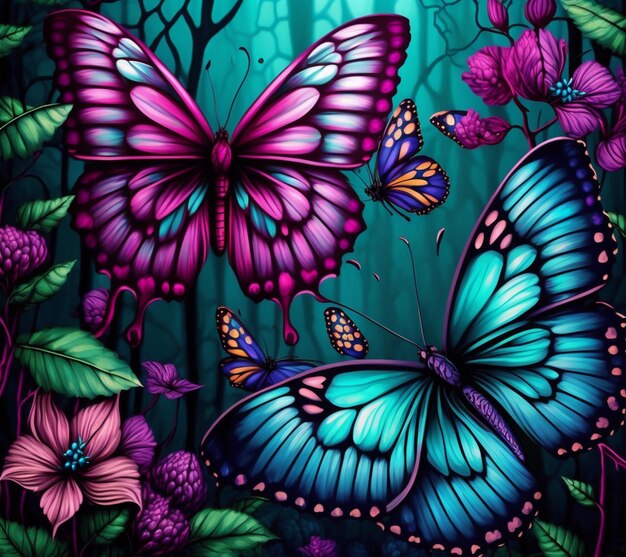 mariposas y flores en un bosque con un fondo azul generativo ai