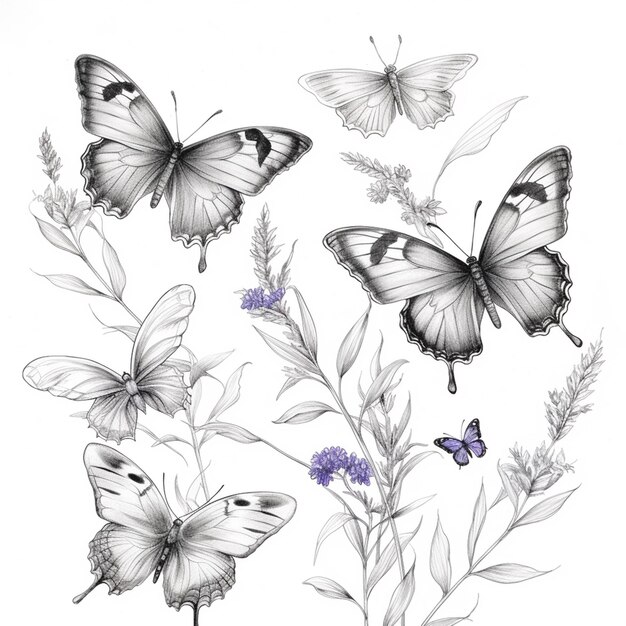 mariposas y flores dibujadas en blanco y negro sobre un fondo blanco ai generativo