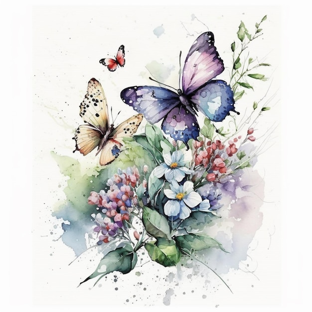Las mariposas y las flores están pintadas en acuarela sobre un fondo blanco generativo ai