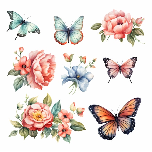 Las mariposas y las flores están pintadas en acuarela sobre un fondo blanco.