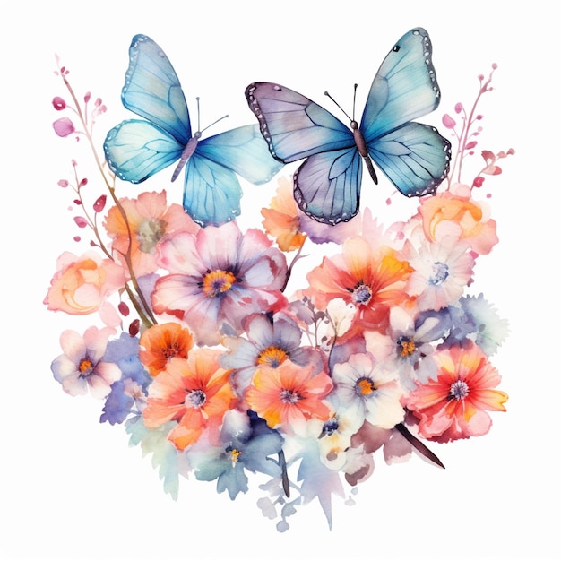 las mariposas y las flores están pintadas en una ai generativa de estilo acuarela