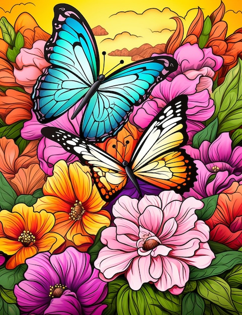 Mariposas y flores con un fondo de cielo generativo ai