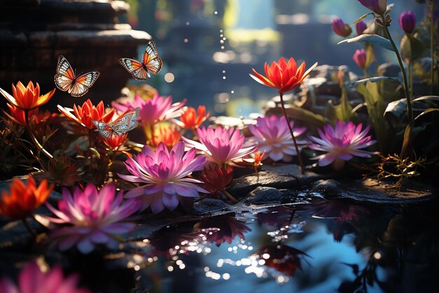 Las mariposas y las flores de loto en un jardín zen