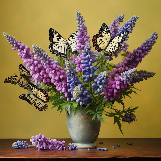 mariposas en flores de lupino en un jarrón