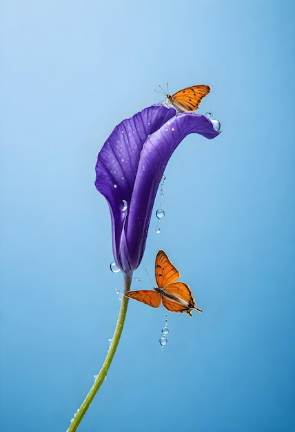 mariposas en flores púrpuras con gotas de agua