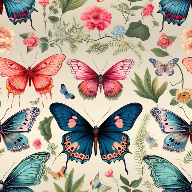 mariposas y flores sobre un fondo blanco con un fondo azul claro generativo ai