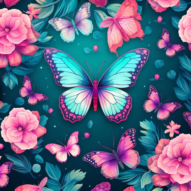 mariposas y flores sobre un fondo oscuro con un fondo azul ai generativo