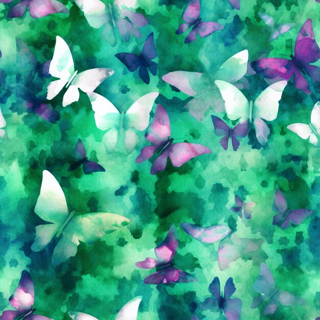 Foto mariposas en un fondo de acuarela verde y púrpura generativo ai
