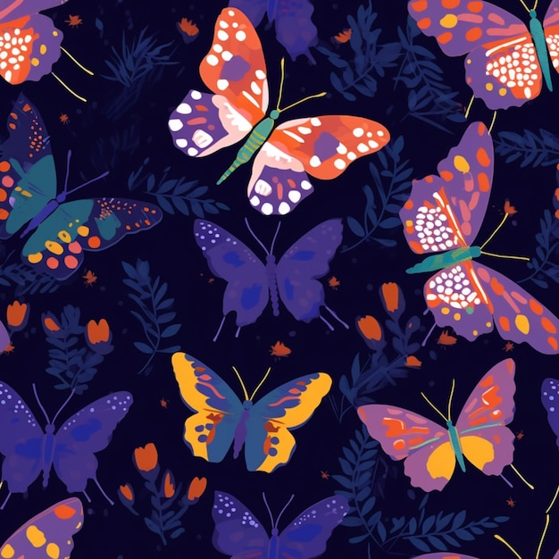 mariposas y hojas sobre un fondo oscuro con un ai generativo de fondo púrpura