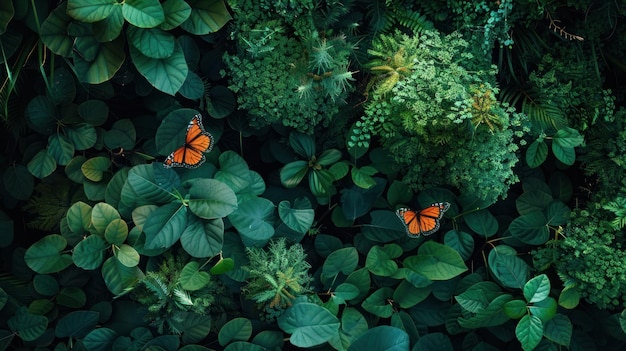 Las mariposas monarca aterrizan con gracia en un lecho de diversas plantas verdes que resaltan la belleza de estos insectos icónicos en un entorno verdoso