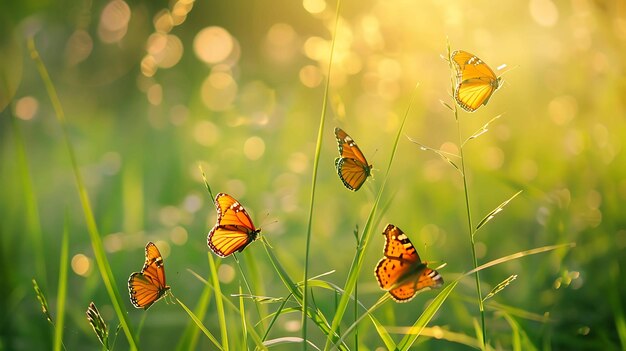 Las mariposas monarca vuelan por un campo verde y exuberante sus alas brillan a la luz del sol