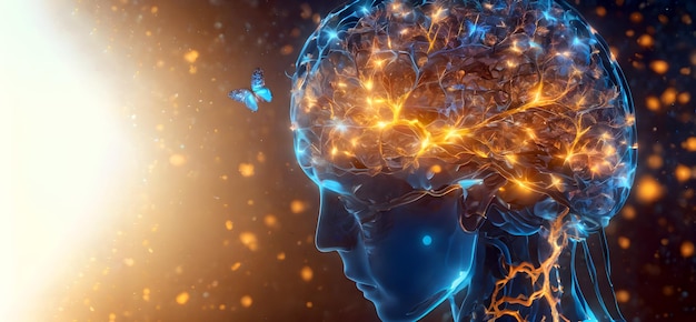 mariposas y neuronas brillantes cerebro en la luz de neón inteligencia artificial del futuro